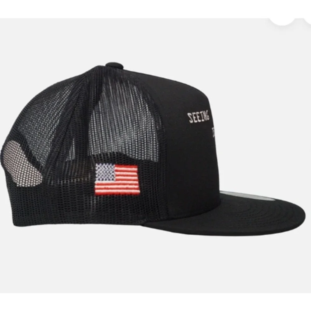 Yupoong Seeing Is Believing Black Trucker Hat Snapback American Flag Leaf Cap